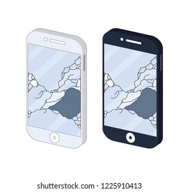 Broken mobile phone screen. A crack in the glass. The damage to the equipment. Set of Monitor shards in isometric