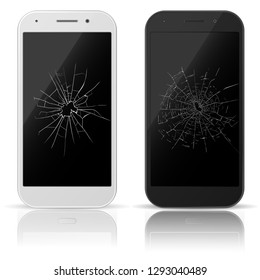 Broken mobile phone. Smart-phone screen with scratches. Cracked cell phone touch screen, Repair smartphone. Vector Illustration