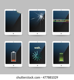 Broken mobile phones with problem. Cracked screen, damaged phones, software problem and dead battery. Vector illustration.