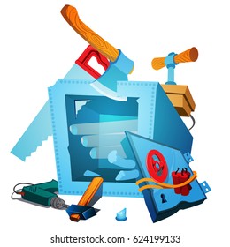 Broken monitor, ax and dynamite.