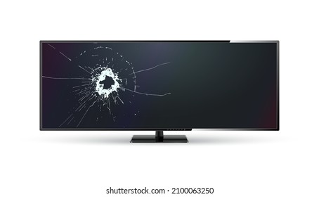 Broken monitor with cracked lcd screen. Widescreen with cracked glass. Realistic vector illustration