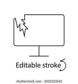 Broken monitor display outline icon. Computer problem. TV repairs. Customizable linear contour symbol. Editable stroke. Isolated vector stock illustration