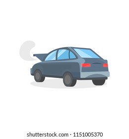 Broken motor car with open hood. Automobile with faulty engine. Flat vector for advertising poster or flyer of auto service