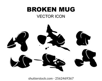 Broken Mug Isolated, Black Ceramic Cup Pieces, Broken Mug on White Background