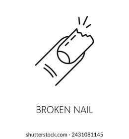 Broken nail icon for manicure service, hands care or fingernail treatment and beauty, line vector. Manicure and nail care outline pictogram of broken nail for repair and cosmetic restoration