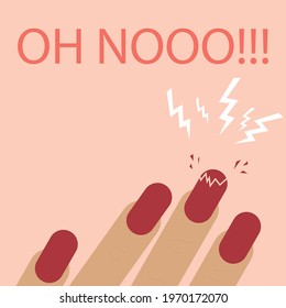 Broken nails. Fingers, manicure, nail polish. Flat vector illustration. Care 