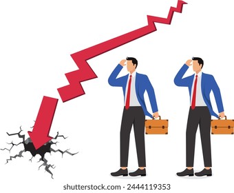 Broken negotiations, termination of a partnership or agreement, bad cooperation or poor business relations, two businessmen standing on either side of a broken arrow svg