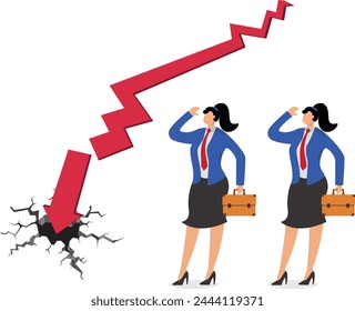 Broken negotiations, termination of a partnership or agreement, bad cooperation or poor business relations, two businesswomen standing on either side of a broken arrow svg