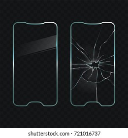 Broken and new cellphone touchscreen glass realistic vector illustration on transparent background. Protective cover for mobile phone screen. Smartphone repair, accessories and components replacement