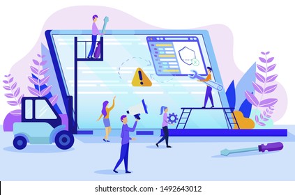 Broken Notebook Repair Concept. Man with Screwdriver Wrench Tool, Woman Client Vector Illustration. Computer Error Problem Fix. Technical Support Maintenance Service. Repairman Assistance