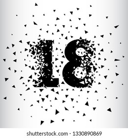 Broken numbers 18. Explosion effects. Vector and illustration.