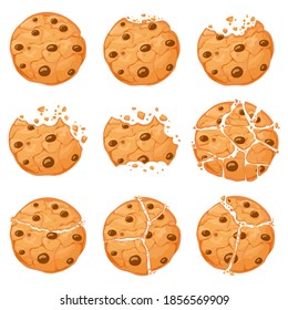 Broken oatmeal cookies. Cartoon bitten choco chip cookie with crumbs. Homemade chocolate round shaped crunch cookies. Sweet snack vector set. Illustration sweet tasty bakery, fresh delicious crunchy