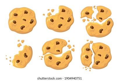 Broken oatmeal cookies set. Traditional American biscuit with chocolate crunches isolated on white. Vector illustration for home baked food, recipe, snacks concept