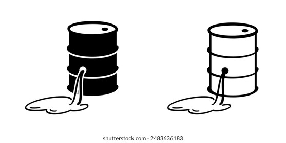 Broken oil barrel, and leakage. Leak, oil barrels fuel. Oil drum or petroleum drums logo.  Milieu icon. Barrel leak. Barrel with labels. Oil stocks, industry concept. Spill oil.