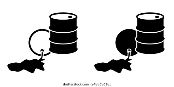 Broken oil barrel, and leakage. Leak, barrels fuel. Oil drum or petroleum drums logo. Milieu icon. Barrel leak. Barrel with labels. Oil stocks, industry concept. Spill oil.