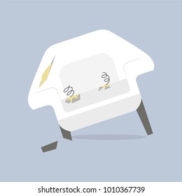 Broken old couch with holes, cut stuff and spring from the seat. White leather and broken wood leg armchair. Flat vector illustration isolated on the grey background.