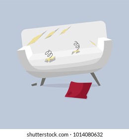 Broken Old Couch With Holes, Cut Stuff And Spring From The Seat. White Leather And Broken Wood Leg Sofa. Flat Vector Illustration Isolated On The Grey Background.