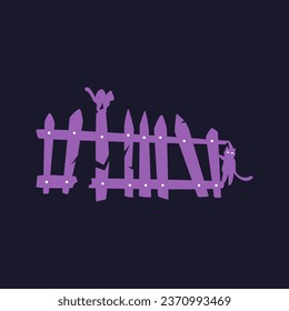 Broken old fence and cats icon in naive style. Haloween illustration in purple tones. Icon. Clipart. Isolated element.	 