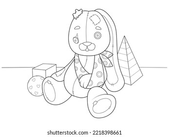 Broken old hare plush toy. Children coloring book, black outline, white background.