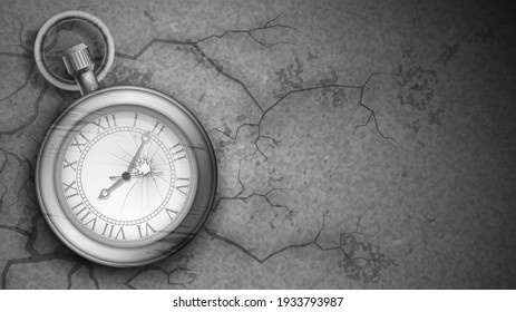 Broken old pocket watch on the cracked gray ground