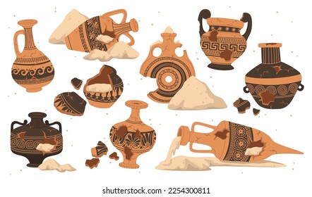 Broken old pottery flat icons set. Ancient greece brown amphora. Cracked vase with vintage ornament. Small pieces. Archeology. Color isolated illustrations