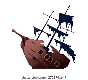 Barco viejo hundido roto, barco corsario de dibujos animados aislado. Vector de madera maltratada artesanía pirata con la bandera hecha jirones y las velas después del ataque. Carguero destruido. Naufragio sumergido o en el fondo del océano