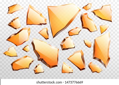 Broken on various form and different sizes, sharp pieces of brown, amber glass 3d realistic vector illustration set isolated on transparent background. Glossy, reflecting glass shards with torn sides