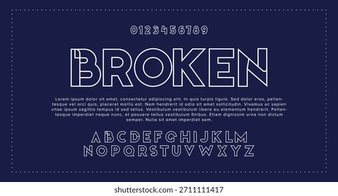 Diseño de contorno roto Fuente de alfabeto digital abstracta moderna. Tipografía de tecnología mínima, fuente futurista de moda deportiva urbana creativa y con números. Ilustración vectorial.