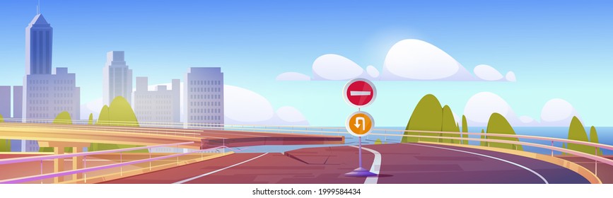 Broken overpass highway, empty road with stop and turn no thoroughfare signs. Crushed collapsed speedway on city view with skyscrapers and modern houses over sea landscape. Cartoon vector illustration