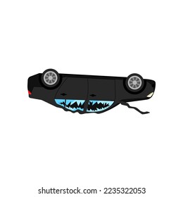 Broken overturned car after road accident cartoon illustration. Overturned auto, automobile with broken windows in need of repair. Damage, vehicle, fire concept