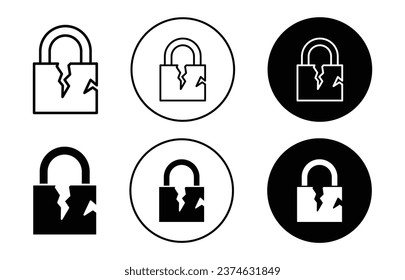 Broken padlock icon. Unsafe and unsecure online web safety system symbol set. Broken lock shows protection failure due to hacking attack vector sign. Unlock or fail padlock line logo. Crack in lock 