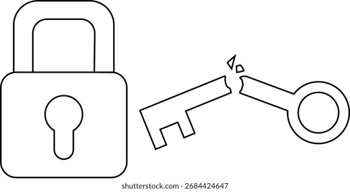 broken padlock and key icon with white background.with black lines