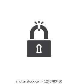 Broken padlock vector icon. filled flat sign for mobile concept and web design. Unlocked lock simple solid icon. Symbol, logo illustration. Pixel perfect vector graphics