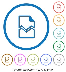 Broken page flat color vector icons with shadows in round outlines on white background