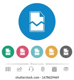 Iconos blancos planos de página rotos en fondos de color redondo. 6 iconos de bonificación incluidos.