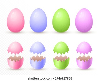 huevos de pascua pintados rotos en colores pastel. capuchado, abierto y toda la concha de huevos de Pascua. 3.ª ilustración realista. El vector se burla de los huevos de Pascua aislados en un fondo transparente. para el diseño de vacaciones.