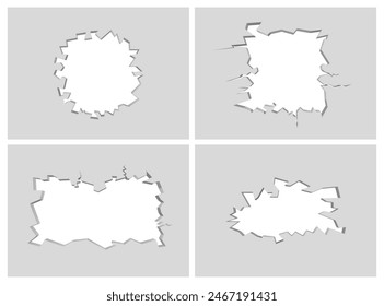 Panel roto con fracturas y grietas. Vector aislado conjunto de paredes demolidas realistas que revelan espacio de copia, lugar en blanco para el texto. Barrera con superficie fracturada, hormigón y yeso