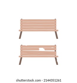 broken park bench and new park bench. good stuff and bad stuff. item condition. before and after. symbol. flat cartoon illustration. concept design. foam or sponge out