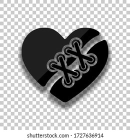 Broken and patched heart. Black glass icon with soft shadow on transparent background