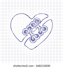 Broken   patched heart  Hand drawn picture paper sheet  Blue ink  outline sketch style  Doodle checkered background
