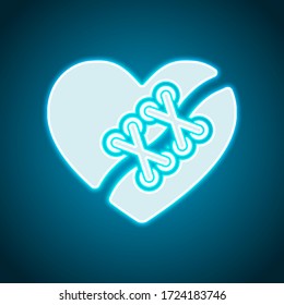 Broken and patched heart. Neon style. Light decoration icon. Bright electric symbol