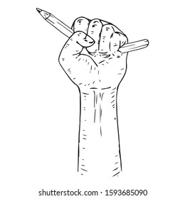 Broken Pencil In A Fist Icon. Vector Illustration Of A Broken Pencil In A Male Hand. Hand Drawn Broken Pencil In A Fist.