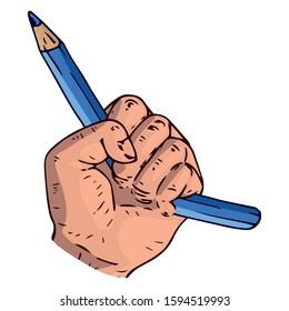 Broken Pencil In A Fist Icon. Vector Illustration Of A Broken Pencil In A Male Hand. Hand Drawn Broken Pencil In A Fist.