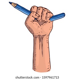 Broken pencil in a fist icon. Vector illustration of a broken pencil in a male hand. Hand drawn broken pencil in a fist.
