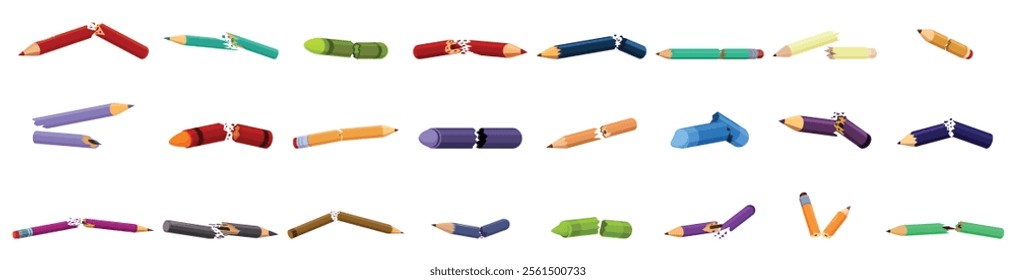 Broken pencil icons set. Colorful broken pencils representing frustration, writer's block, and the challenges of creative work