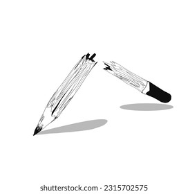 Broken pencil sketch isolated on white background