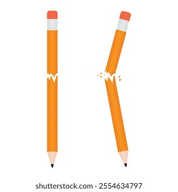 Broken pencil snapping in two parts. Orange pencil with eraser isolated on white. Vector illustration, EPS10