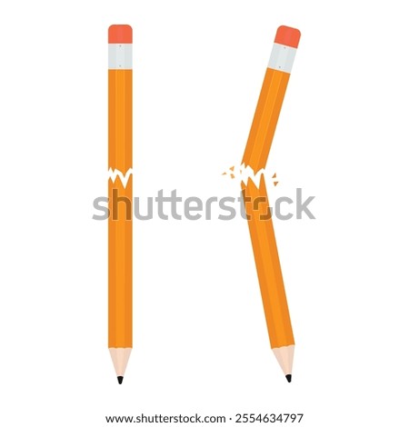 Broken pencil snapping in two parts. Orange pencil with eraser isolated on white. Vector illustration, EPS10