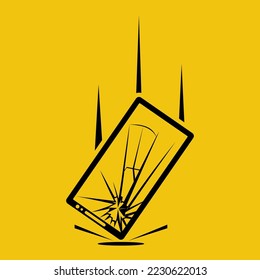 Hört mal schwarzes Symbol kaputt. Das Telefon fällt mit Händen. Fallendes Smartphone.  Das Mobiltelefon ist kaputt. Handy defekt. Vektorgrafik-Flachdesign-Stil.