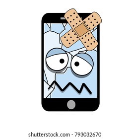 Broken phone with a crack on the screen. Faulty equipment. sad face. Band-aid cross. Unhealthy, the disease. In need of repair. The device does not work - Cartoon flat illustration